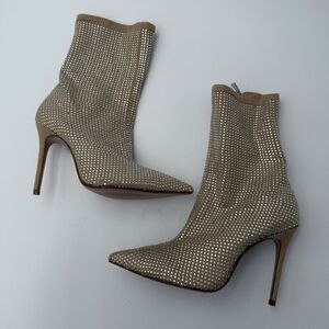 Schutz Sybil Rhinestone Fashion Mid Calf Tan Stiletto Bootie Heels Boots Size 7B